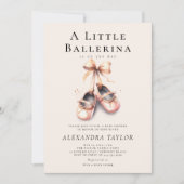 ベビーバレリーナシューズピンク金ゴールドリボン女の子シャワー 招待状 (正面)