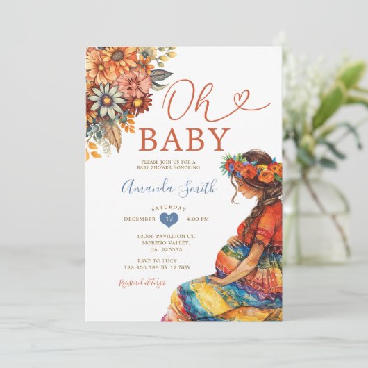 ベビーバンプシャワー妊娠腹カラフルフローラ 招待状 (スタンド正面)