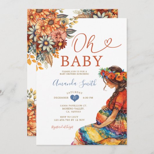 ベビーバンプシャワー妊娠腹カラフルフローラ 招待状 (正面/裏面)