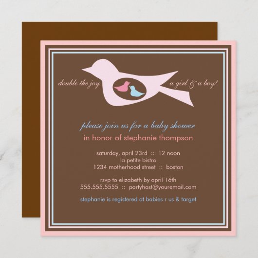 ベビーバーディツインズピンクブルーベビーシャワー招待状 招待状 (正面/裏面)