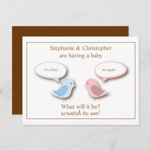 ベビーバードジェンダーのリビールスクラッチチャードゲームの位置 案内ポストカード (正面/裏面)