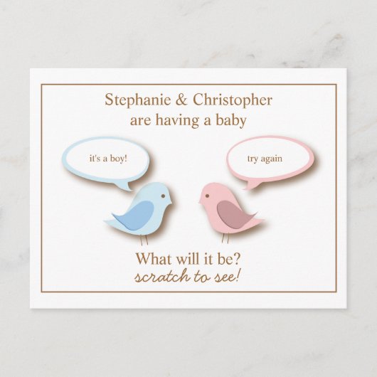 ベビーバードジェンダーのリビールスクラッチチャードゲームの位置 案内ポストカード (正面)