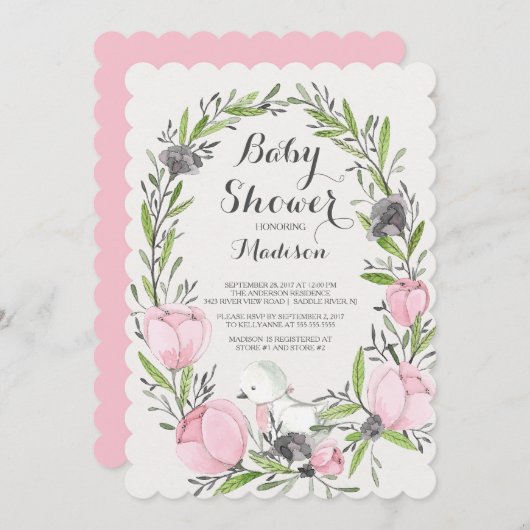 ベビーバードピンクフローラガールベビーシャワー招待状 招待状 (正面/裏面)