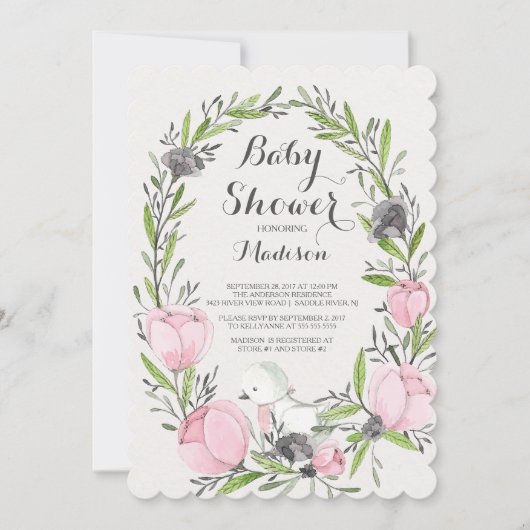 ベビーバードピンクフローラガールベビーシャワー招待状 招待状 (正面)