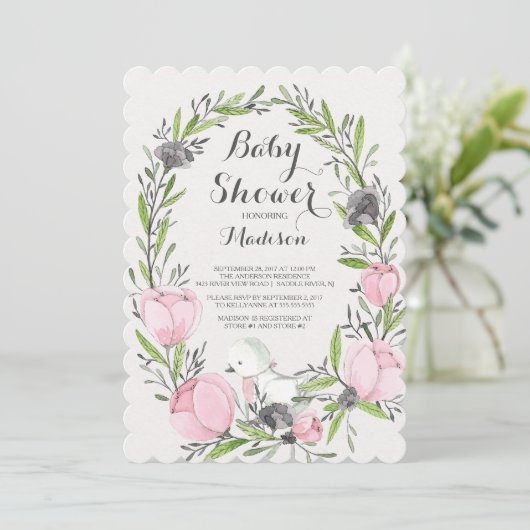 ベビーバードピンクフローラガールベビーシャワー招待状 招待状 (スタンド正面)