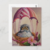 ベビーバードフリードルピンクパラシュートウォーターカラーアート ポストカード (正面/裏面)