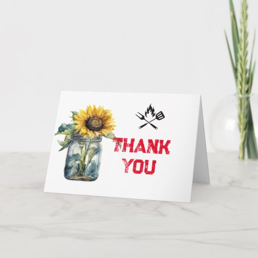 ベビーバーベキュー赤い格子模様のギンガムベイビーシャワー写真 サンキューカード (正面)