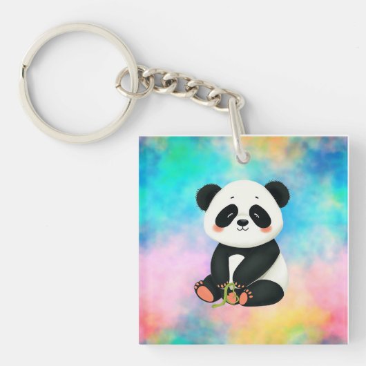 ベビーパンダが竹を持ち上げている キーホルダー (正面)