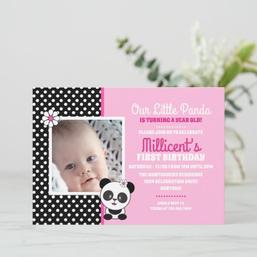 ベビーパンダ写真テンプレート誕生日招待状 招待状 (スタンド正面)