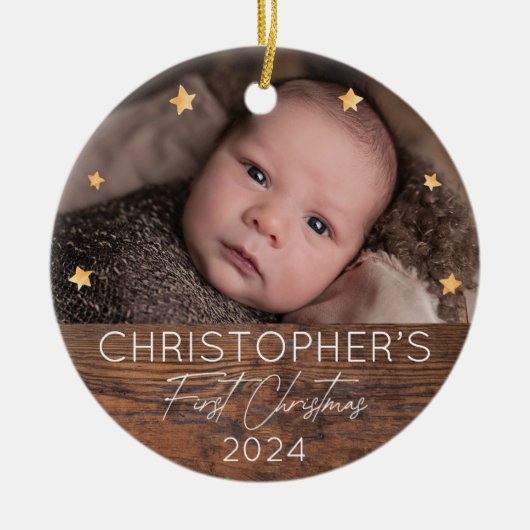 ベビーパーソナライズされたの初めてのクリスマス写真 セラミックオーナメント (正面)