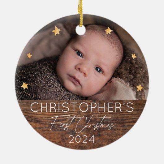 ベビーパーソナライズされたの初めてのクリスマス写真 セラミックオーナメント (裏面)