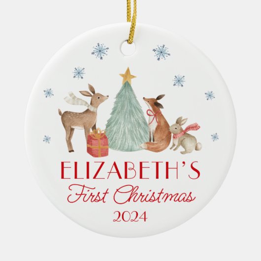 ベビーパーソナライズされたの初めてのクリスマス動物 セラミックオーナメント (正面)
