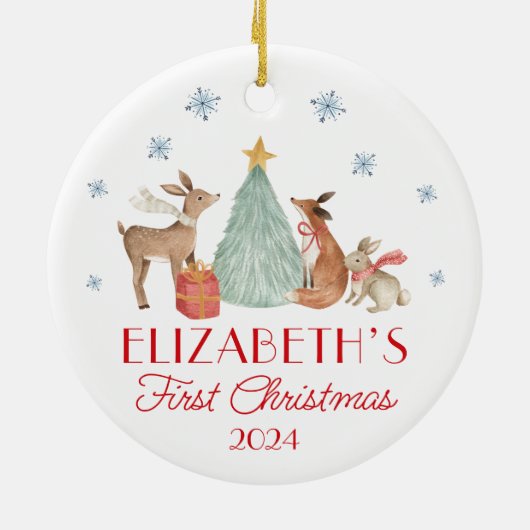 ベビーパーソナライズされたの初めてのクリスマス動物 セラミックオーナメント (裏面)