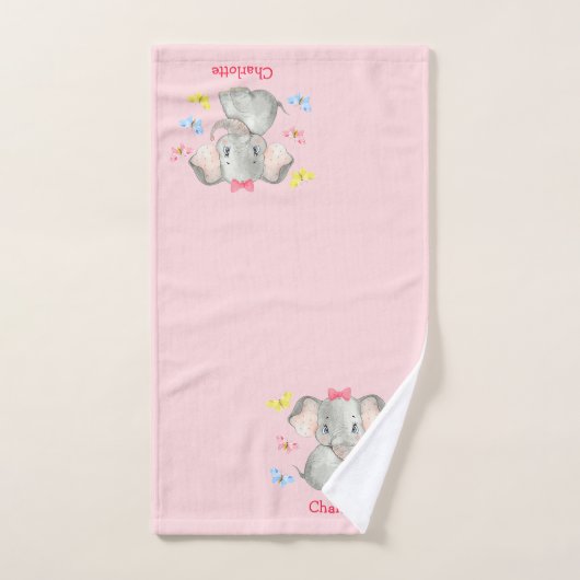 ベビーパーソナライズされたエレファントガールズピンク バスタオルセット (ハンドタオル)