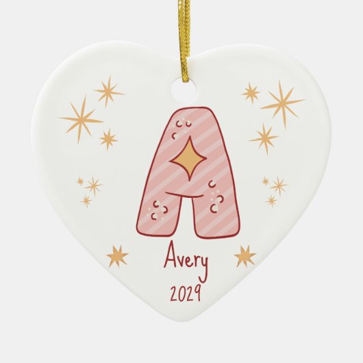 ベビーパーソナライズされたガールの初めてのクリスマスハート セラミックオーナメント (正面)