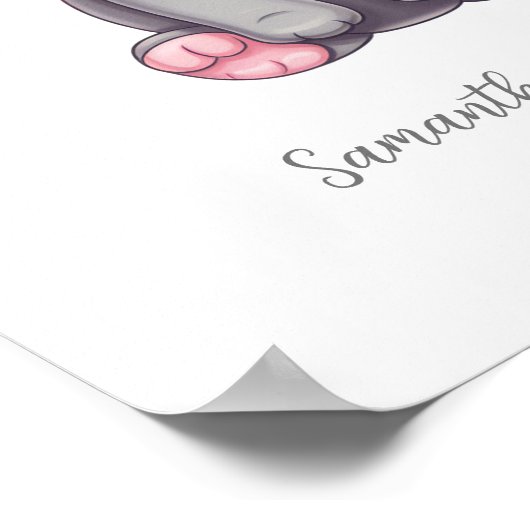 ベビーパーソナライズされたガール子供部屋ピンクグレーエレファント ポスター (角)