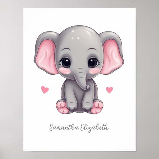ベビーパーソナライズされたガール子供部屋ピンクグレーエレファント ポスター (正面)