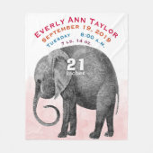 ベビーパーソナライズされたガール誕生レコード統計エレファント フリースブランケット (正面)