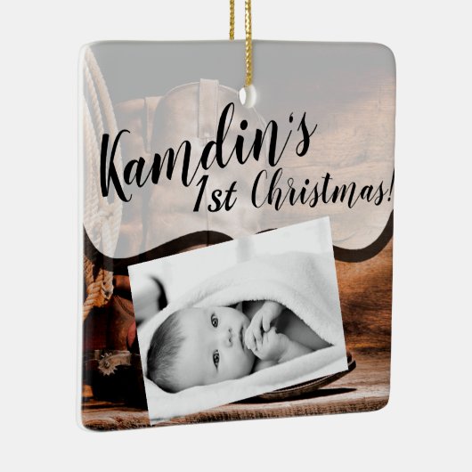 ベビーパーソナライズされたクリスマスオーナメントカウボーイブーツバーン セラミックオーナメント (右)