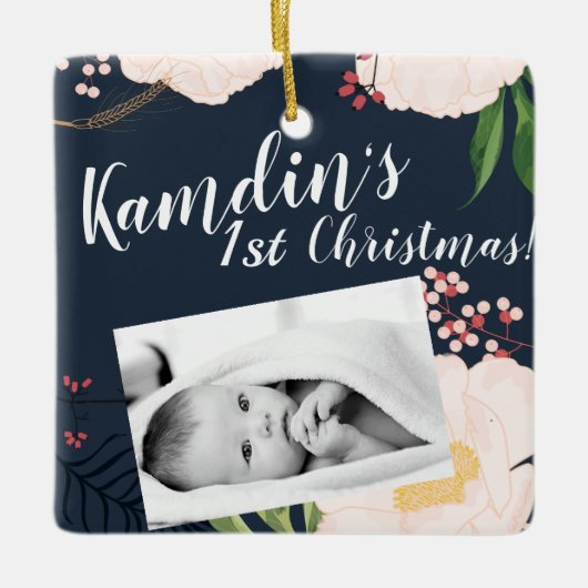 ベビーパーソナライズされたクリスマスオーナメントベビーピンクコスモスo セラミックオーナメント (正面)