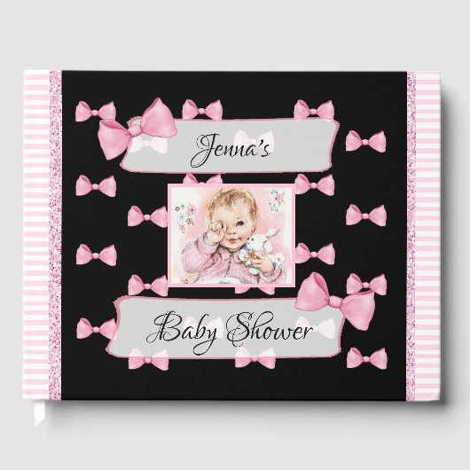 ベビーパーソナライズされたシャワーゲストブックピンクブラック ゲストブック (正面)