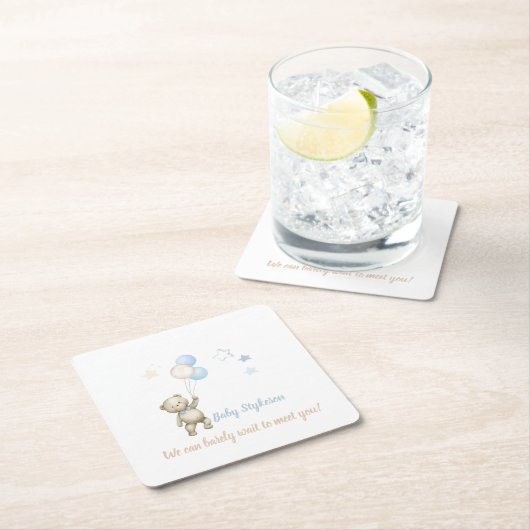 ベビーパーソナライズされたシャワーコースターテディベアブルー スクエアペーパーコースター (インサイチュ)