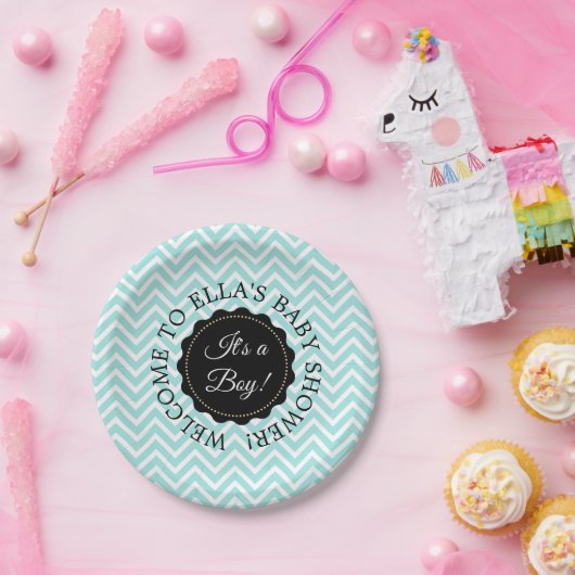 ベビーパーソナライズされたシャワーティール（緑がかった色）シェブロン紙プレート ペーパープレート (パーティー)