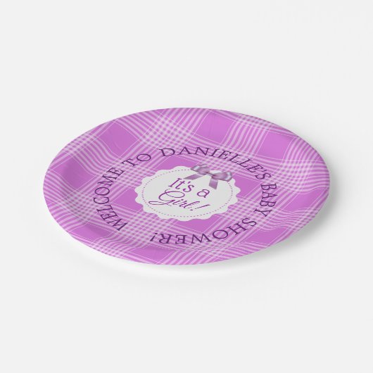 ベビーパーソナライズされたシャワーパープルプレイド紙プレート ペーパープレート (アングル)