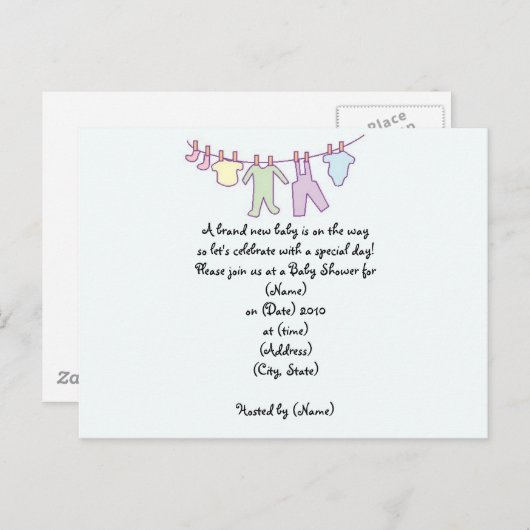 ベビーパーソナライズされたシャワー招待状 – 物干し線 インビテーションポストカード (正面/裏面)