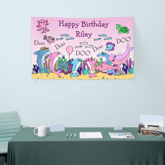 ベビーパーソナライズされたシャークファミリーバースデーパーティー 横断幕 (トレードショー)