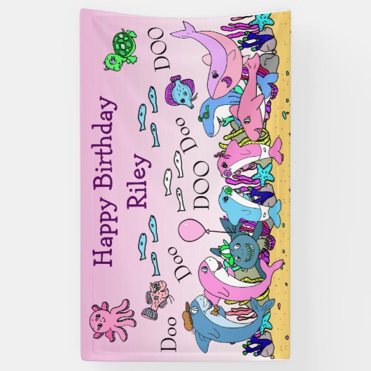 ベビーパーソナライズされたシャークファミリーバースデーパーティー 横断幕 (縦)