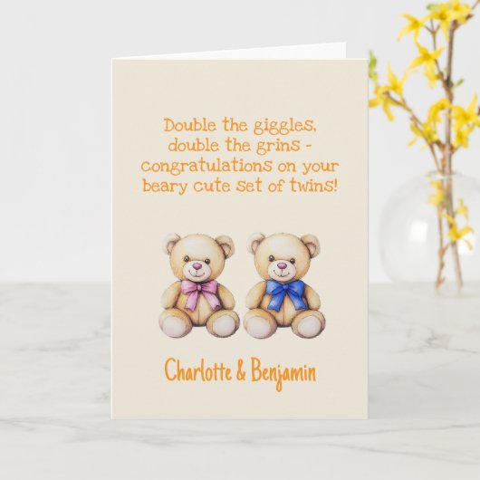 ベビーパーソナライズされたツインズおめでとう,クマ カード (黄色い花)