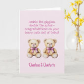 ベビーパーソナライズされたツインズおめでとう，クマ カード (黄色い花)