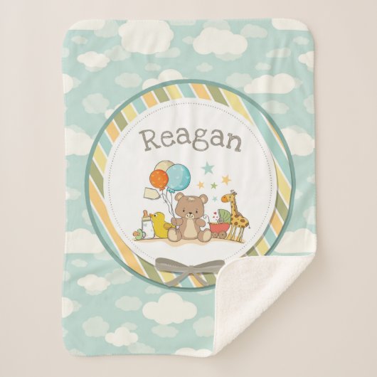 ベビーパーソナライズされたテディベアキレーフゴムダッキー（アヒルちゃん） シェルパブランケット (正面)