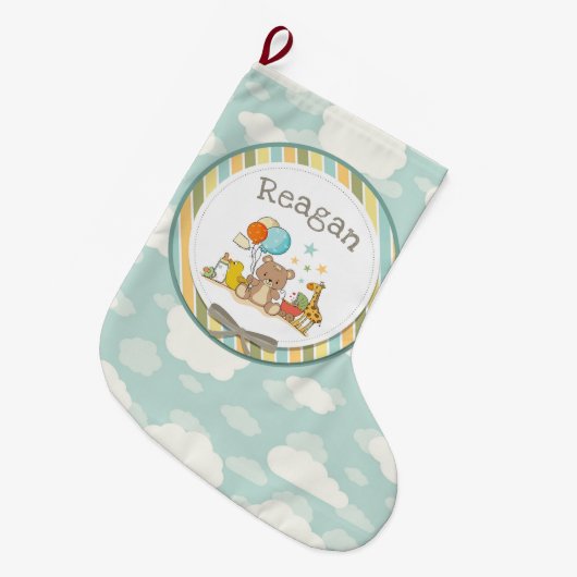 ベビーパーソナライズされたテディベアキレーフゴムダッキー（アヒルちゃん） ラージクリスマスストッキング (正面 (吊り時))