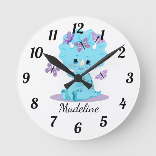 ベビーパーソナライズされたトリケラトプス – 恐竜ラウンドクロー ラウンド壁時計 (正面)