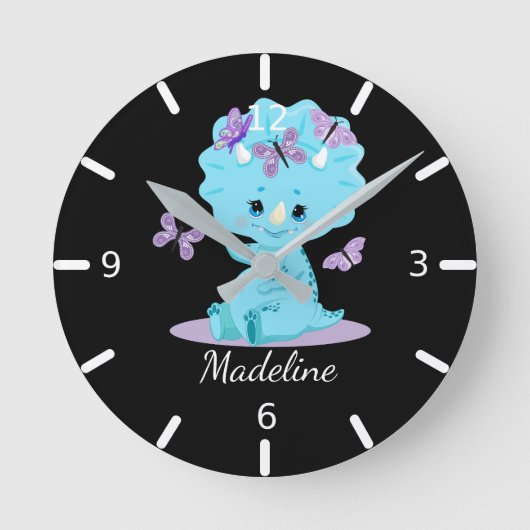 ベビーパーソナライズされたトリケラトプス-恐竜 ラウンド壁時計 (正面)