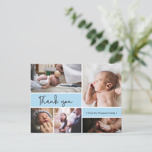 ベビーパーソナライズされたバプテスマありがとうフォトコラージュ ポストカード (スタンド正面)