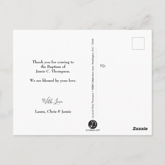 ベビーパーソナライズされたバプテスマありがとうフォトコラージュ ポストカード (裏面)