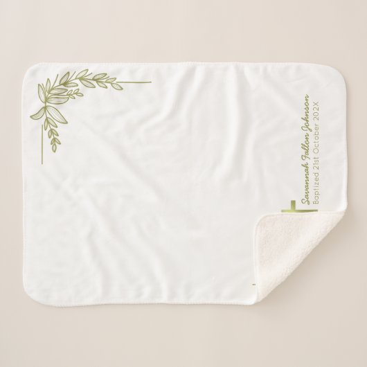 ベビーパーソナライズされたバプテスマ金ゴールドクロスフローラ シェルパブランケット (正面(横))