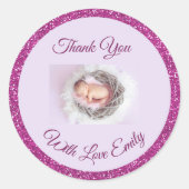 ベビーパーソナライズされたフォトピンクグリッターありがとう ラウンドシール (正面)