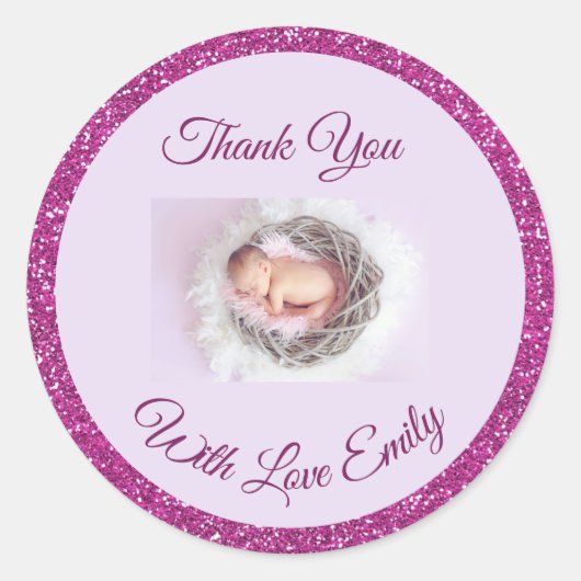 ベビーパーソナライズされたフォトピンクグリッターありがとう ラウンドシール (正面)