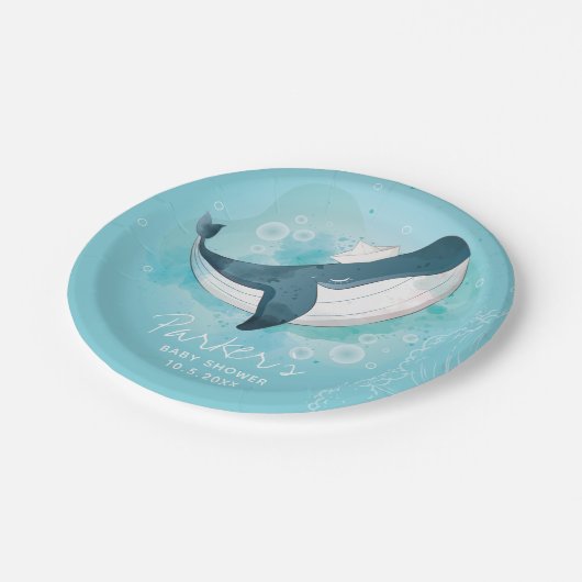 ベビーパーソナライズされたホエールブルーベビーシャワー ペーパープレート (アングル)
