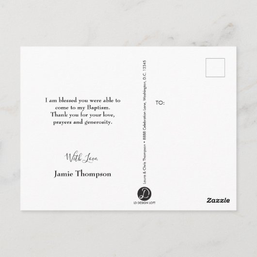 ベビーパーソナライズされた写真バプテスマありがとう ポストカード (裏面)