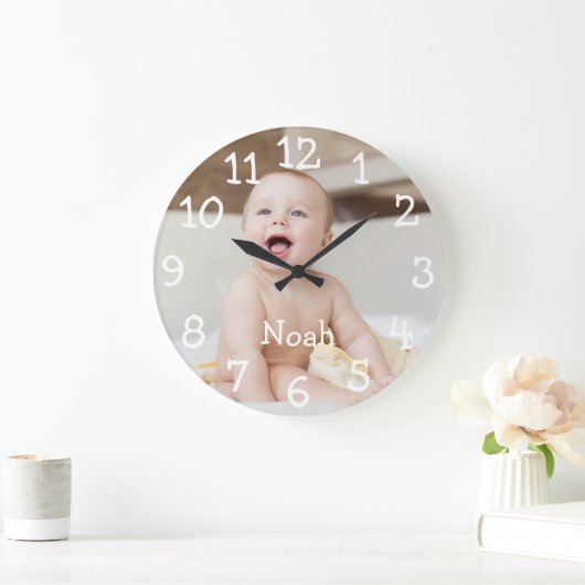 ベビーパーソナライズされた写真名 ラージ壁時計 (ホーム)