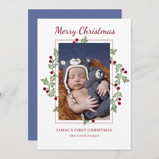 ベビーパーソナライズされた初めてのクリスマスのフォトカード シーズンカード (正面/裏面)