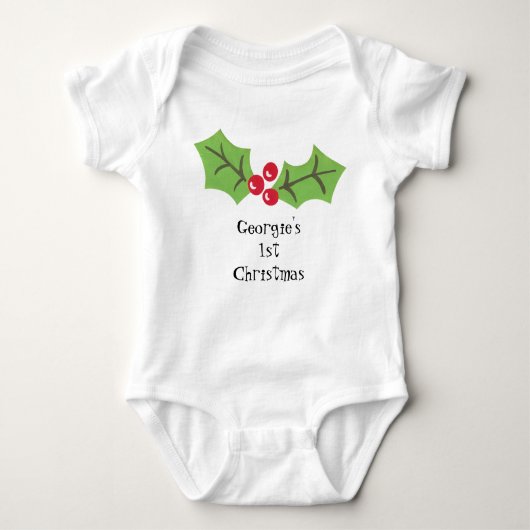 ベビーパーソナライズされた初めてのクリスマスホリー&ベリー ベビーボディスーツ (正面)
