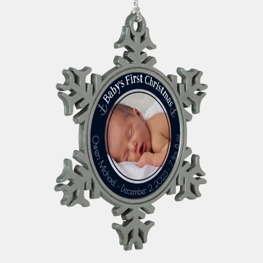 ベビーパーソナライズされた初めてのクリスマス スノーフレークピューターオーナメント (左)