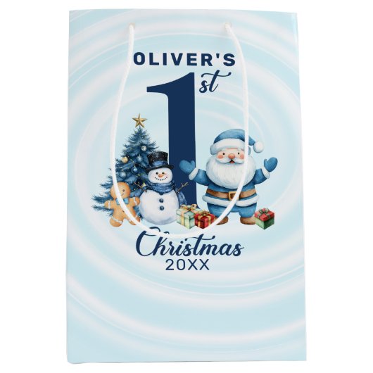 ベビーパーソナライズされた初めてのクリスマス ミディアムペーパーバッグ (正面)