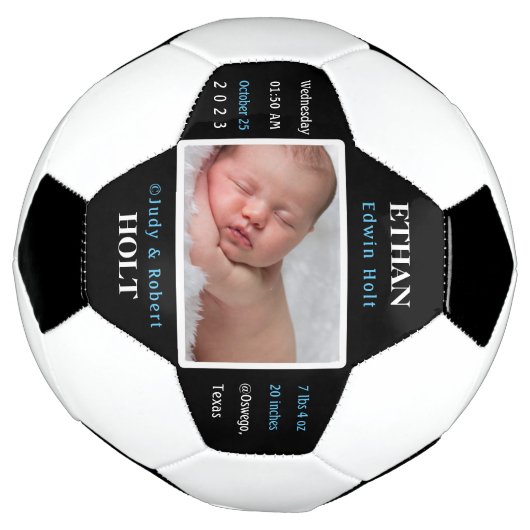 ベビーパーソナライズされた誕生統計の発表写真 サッカーボール (回転)
